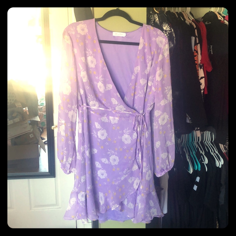 Crepe wrap dress with sheer sleeves